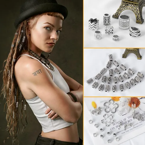 Miniatura 4 de 152 piezas de joyería de cabello vikingo con cuentas de runas nórdicas en tubo, clips de metal, puños, anillos, accesorios para trenzas, cuentas