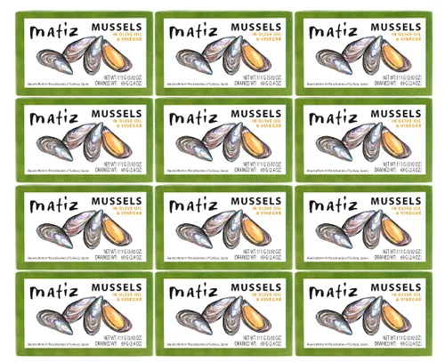 Miniatura 10 de Matiz Mejillones españoles en aceite de oliva virgen extra y vinagre de sidra de manzana 3.92 oz - 1 paquete Hecho a mano en Galicia, España