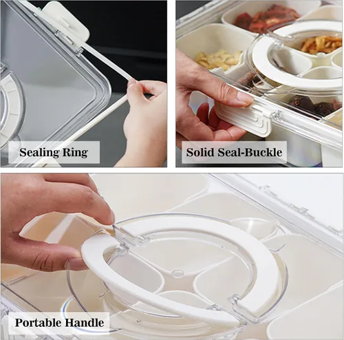 Miniatura 6 de Caja dividida para aperitivos con asa, bandeja para servir alimentos, tabla de charcutería con tapa, contenedor apilable de frutas y verduras con 8