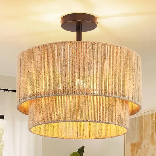 Miniatura 11 de 12.6" Boho Light Fixtures Ceiling Mount, Coastal Hemp Rope Semi Flush Mount Ceiling Light,3-Light Rustic Rattan Ceiling Light With 2-Tier Drum Shade