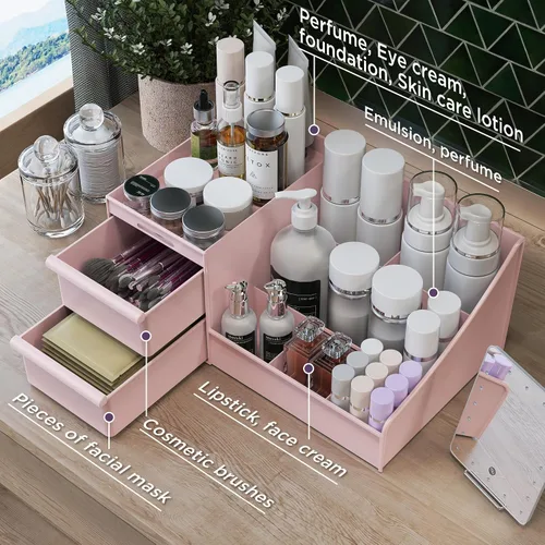 Miniatura 4 de DancesCat Organizador de maquillaje rosa y 2 cajones en mostrador, organizador de tocador con 7 compartimentos y 2 cajones para cosméticos, cuidado