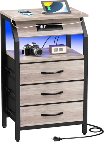 Miniatura 10 de SZLHANJZ Mesa auxiliar con luz, mesita de noche LED con 2 cajones y estación de carga tipo C, mesita de noche de tela pequeña para mesita de noche