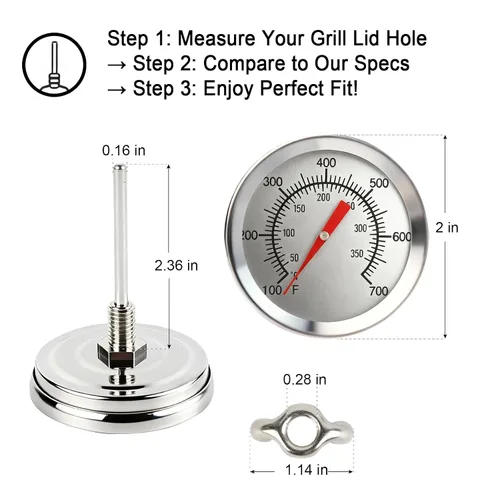 Miniatura 2 de CloudHand Reemplazo mejorado de 2 pulgadas para parrilla de huevos, termómetro de barbacoa de 100 a 700 °F, ahumador de parrilla de carbón con dial