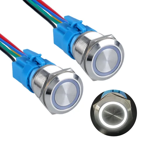 Miniatura 16 de 2 unids 0.630 in metal pestillo interruptor de botón 12V-24V ON-Off 5Pins 1NO 1NC con coleta para agujero de montaje de 5/8 pulgadas impermeable Azul