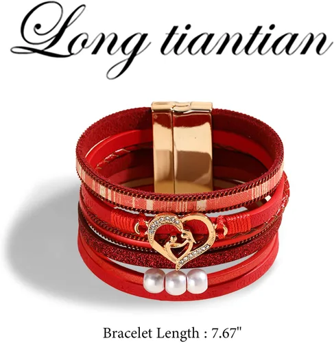 Miniatura 7 de Long tiantian Pulseras para mujer, pulseras de corazón de moda, bohemias, de cuero, apilables, regalos