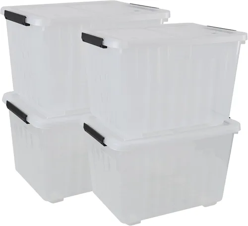 Xyskin Contenedor de almacenamiento transparente grande de 50 cuartos de galón con tapa, caja de almacenamiento de plástico con ruedas, paquete de 4
