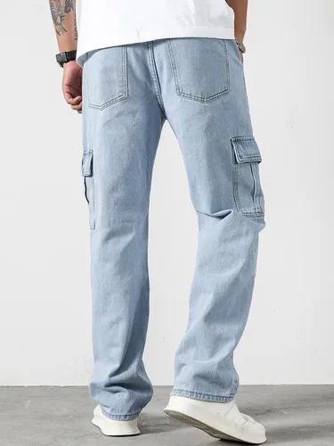 Miniatura 2 de Jeans para hombre con letras parcheadas con detalle de solapa, bolsillo lateral, jeans cargo para hombres