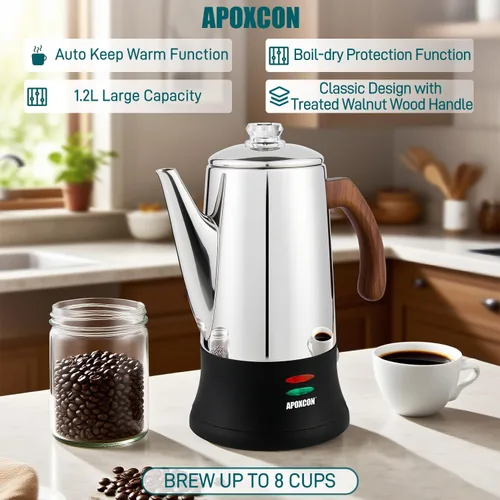 Miniatura 4 de APOXCON Cafetera eléctrica de acero inoxidable con dos perillas de vidrio resistentes al calor y mango de madera tratada con función de mantener