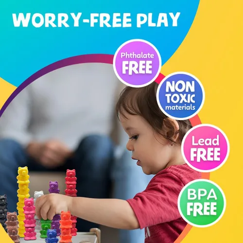 Miniatura 4 de Skoolzy - Juego de osos arcoíris para apilar con tazas a juego para clasificar, juego de 69 piezas, 60 contadores de osos, pinzas de tijera, tazas