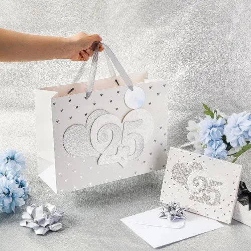 Miniatura 5 de LeZakaa Bolsa de aniversario de boda de 13 pulgadas con papel de seda, etiqueta y tarjeta de felicitación, bolsa de regalo con purpurina dorada
