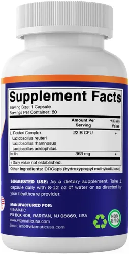 Miniatura 8 de Vitamatic Complejo Lactobacillus Reuteri – 22 mil millones de UFC por cápsula de liberación retardada – 60 cápsulas – Apoyo a la salud digestiva e