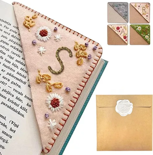 Miniatura 10 de Marcapáginas de esquina bordado a mano personalizado, 26 letras con costura a mano de fieltro, marcapáginas de esquina con bordado de flores lindo