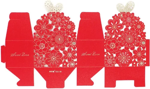 Miniatura 3 de Kslong 50 cajas de dulces huecas con diseño de flores y mariposas, cajas de regalo para galletas, regalos románticos de boda, bonita caja de Rojo