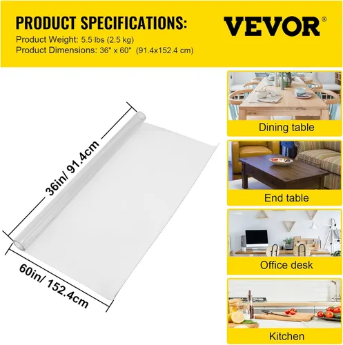 Miniatura 8 de VEVOR - Cubierta de mesa de plástico, 36 x 60 pulgadas, protector de mesa transparente de 1.5 mm de grosor, tapete de escritorio transparente