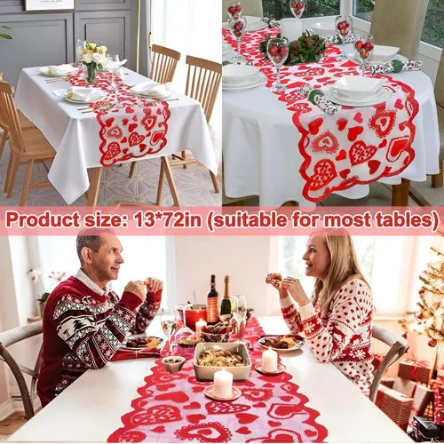Miniatura 4 de JOYFISCO Camino de mesa para decoración del día de San Valentín, camino de mesa de encaje con corazón rojo para bodas, decoraciones de San Valentín