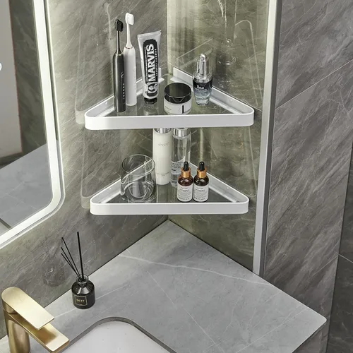 Miniatura 4 de VOLPONE Estantes de baño Estante de esquina de vidrio montado en la pared para baño Estante flotante Organizador de pared de vidrio templado 2