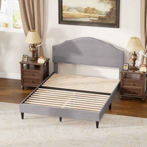 Miniatura 3 de PayLessHere Base de cama tapizada de plataforma completa con cabecera de tela y soporte de listones de madera, totalmente tapizado, no necesita Gris