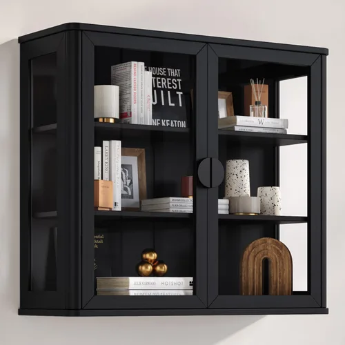 Miniatura 7 de NEWOWNDS Gabinete de Almacenamiento de Pared con Vitrina de Vidrio Templado Negro, Gabinete de Pared para Baño, Gabinete Montado en la Pared