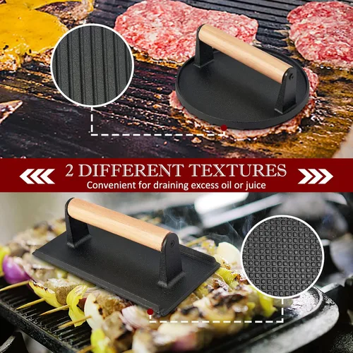 Miniatura 6 de HaSteeL Prensa de tocino de hierro fundido, prensa de hamburguesa para plancha Teppanyaki de parte superior plana, prensa redonda resistente de 7