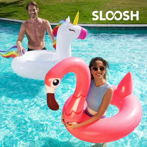 Miniatura 3 de SLOOSH Paquete de 2 flotadores inflables de flamenco de unicornio para piscina, decoraciones de fiesta de natación, divertidos flotadores, tubos