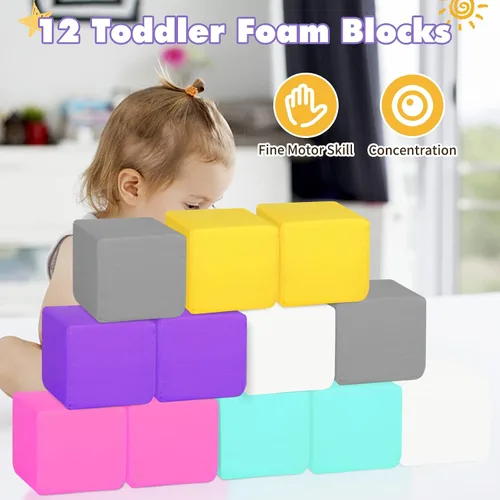 Miniatura 3 de Bloques de espuma para niños pequeños, bloques de construcción suaves para niños pequeños, bloques apilables coloridos para niños, 12 piezas