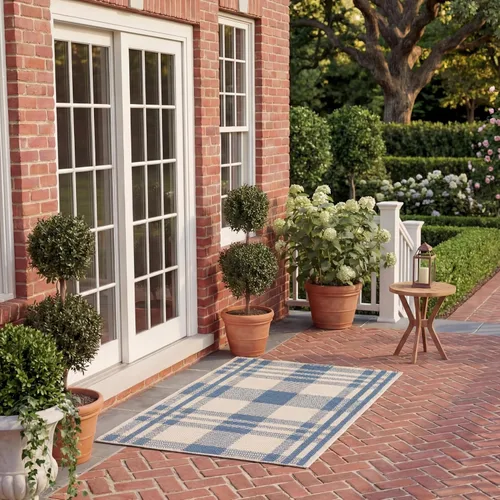 Miniatura 88 de SAFAVIEH Alfombra Lavable para Exteriores Colección Courtyard - 2'3" x 4', Beige y Azul, Patrón a Cuadros, No Desprende Pelusa y Fácil Limpieza