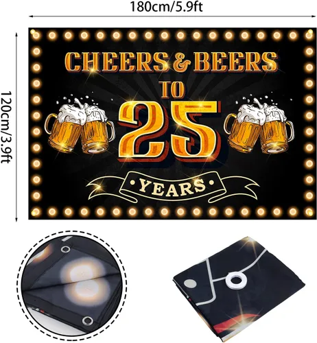 Miniatura 2 de Pancarta de texto «Cheers and Beers to 25 years Happy 25th Birthday» para hombres y mujeres, fotografía, cumpleaños, aniversario, fiesta