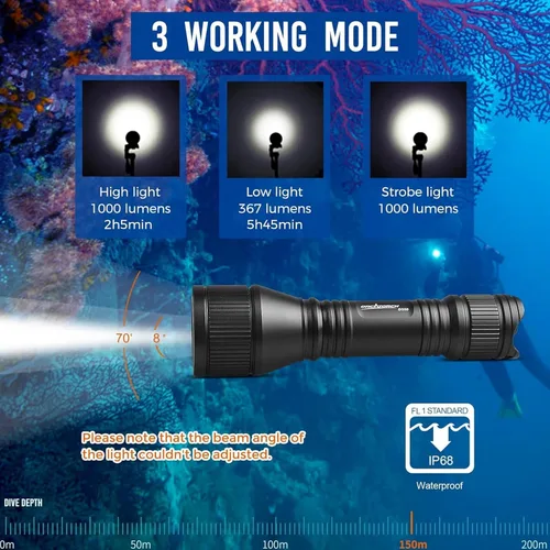 Miniatura 5 de ORCATORCH D550 Luz de buceo 1000 lúmenes linterna de buceo 3 modos IP68 impermeable luces subacuáticas buceo nocturno antorcha submarina con soporte