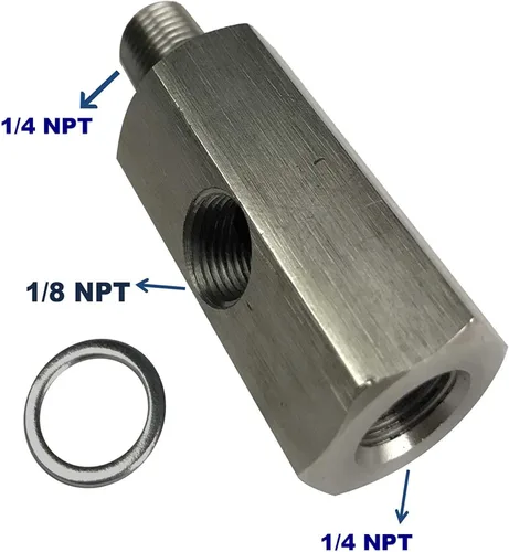 Miniatura 2 de Adaptador en T con sensor de presión de aceite - 1/4 NPT hembra a macho con puerto lateral NPT de 1/8 - Calibre de línea de alimentación turbo