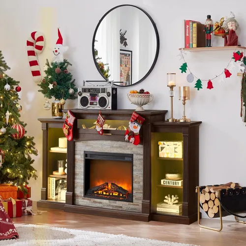 Miniatura 2 de SAVOR LIFE Soporte de TV con Chimenea para TV de 80'', Chimenea Eléctrica de 70" con Repisa, Centro de Entretenimiento Estilo Granja de 39" de Alto