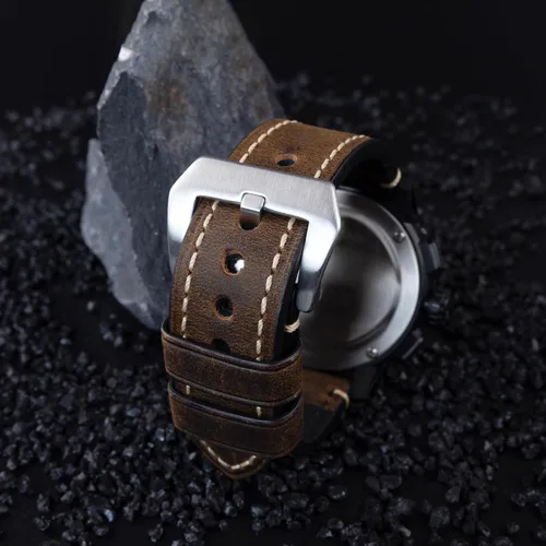 Miniatura 4 de Correa de reloj de pulsera de cuero genuino marrón oscuro de 0.945 in para hombres con hebilla de acero inoxidable