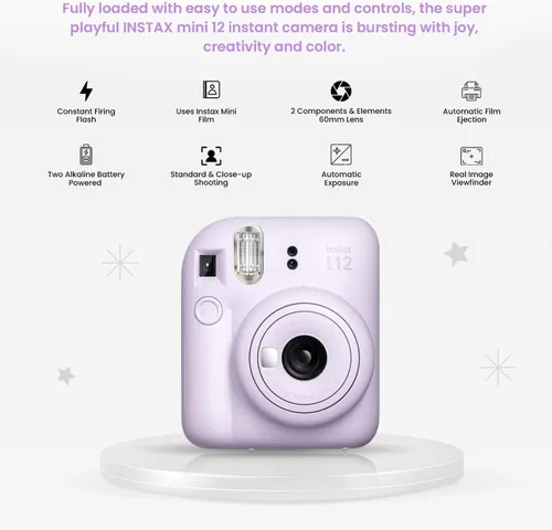 Miniatura 3 de FUJIFILM INSTAX Mini 12 Holiday Bundle 2025 con película extra Instax Mini + 4 pilas AA y paño de limpieza de microfibra Sunshine Photo