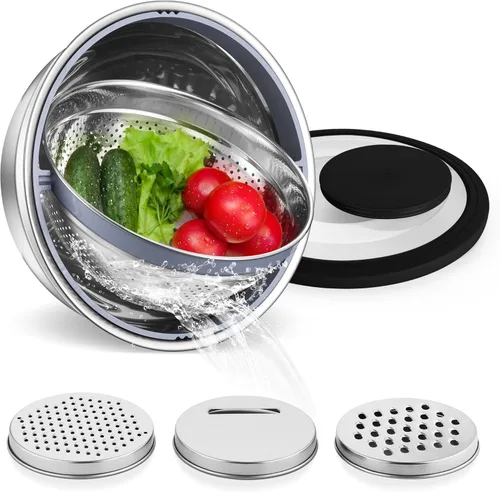 E-far Colador con Juego de Tazón Mezclador, Coladores de Acero Inoxidable 4 en 1 con Ralladores para Cocina, Tazón Colador de Alimentos Giratorio