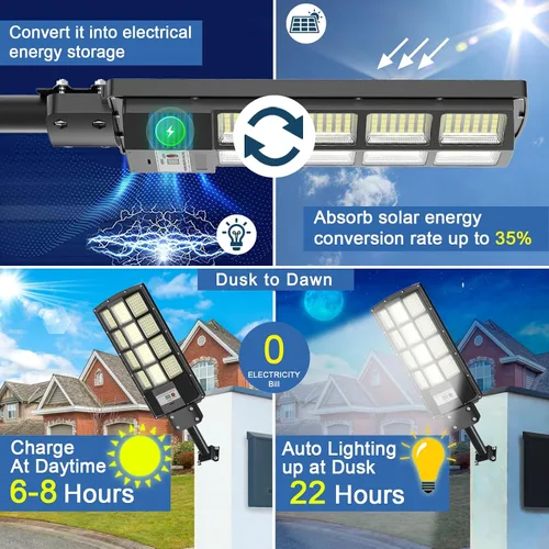 Miniatura 2 de Luz de calle solar, reflectores solares para exteriores, impermeable, sensor de movimiento, 6500K, luz del atardecer al amanecer