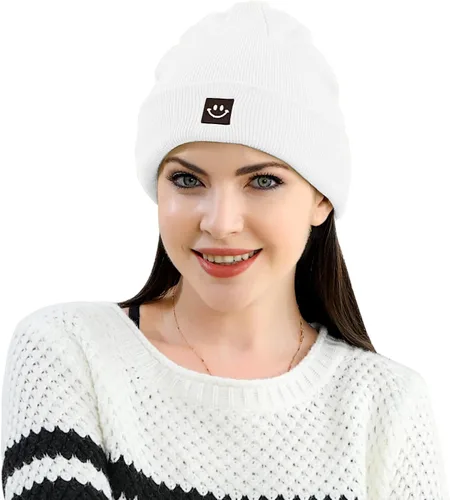 Miniatura 5 de MaxNova Gorro para mujer y hombre, diseño de cara sonriente, gorro de invierno, 2 paquetes