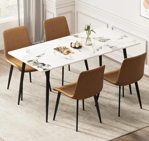 Miniatura 8 de Juego de 4 sillas de comedor, modernas sillas de comedor tapizadas de piel sintética con patas de metal resistentes y respaldo cómodo, sillas Marrón