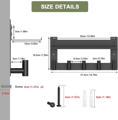 Miniatura 5 de VAEHOLD Perchero de pared con ganchos de pared con ganchos de pared superior e inferior doble estante de entrada con 5 ganchos de acero inoxidable