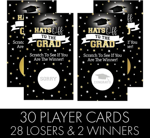 Miniatura 3 de DISTINCTIVS Juego de raspar de graduación negro y dorado - 30 cartas - 2 cartas ganadoras - Juego de fiesta de graduación de clase 2026 - Casa