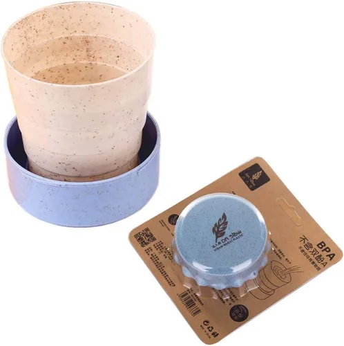 Miniatura 10 de Taza de camping plegable con tapa, plegable telescópica de trigo con paja, taza de agua plegable sin BPA para viajes al aire libre, color beige