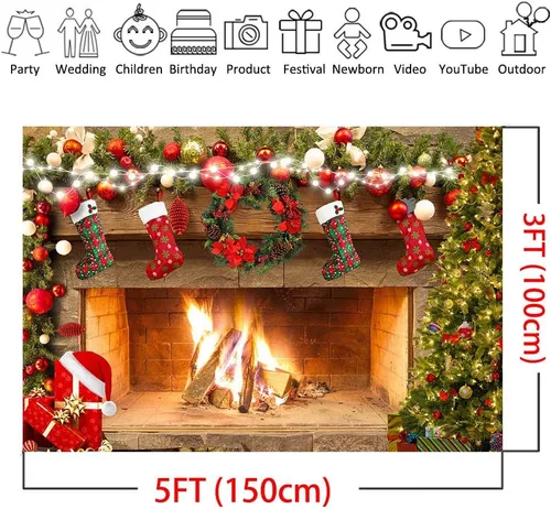 Miniatura 5 de Mocsicka Telón de fondo de chimenea de 5 x 3 pies, decoración de fiesta familiar, decoración de fotos de fotos, calcetines de Navidad, árboles