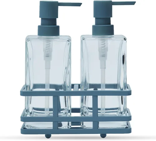 Miniatura 8 de Juego de dispensador de loción y jabón de vidrio cuadrado transparente con bomba y soporte de metal para baño, cocina, hogar, oficina, viaje, hotel