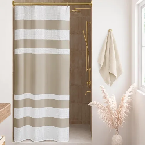Miniatura 39 de Madison Park Cortina de ducha de tejido waffle con diseño a rayas en piezas, cortina de ducha de tela para baño con gestión de humedad 3M Rayas Taupe
