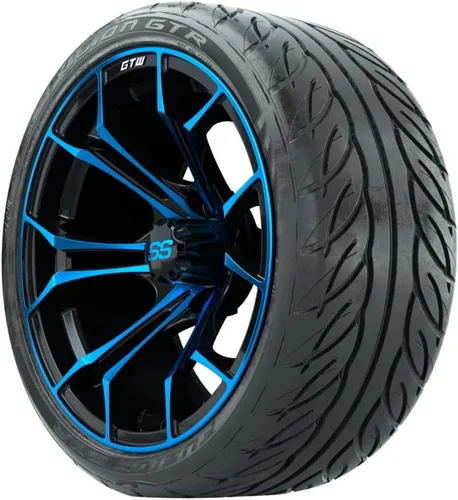 Miniatura 3 de GTW Combo de ruedas y neumáticos para carrito de golf de 15 pulgadas Ruedas Spyder azul/negro en neumáticos Fusion GTR Street 215/40-R15 (22")