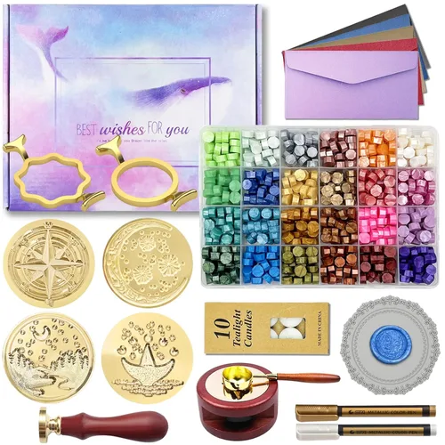 Miniatura 7 de Kit de sellos de cera con caja de regalo, 672 piezas de cuentas de sello de cera, 4 piezas de sellos de cera, 2 piezas de moldes de sellado de cera