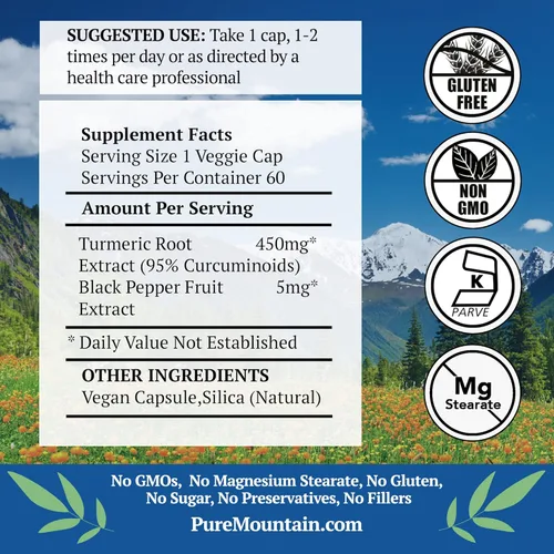 Miniatura 2 de Pure Mountain Botanicals Curcumina de cúrcuma con pimienta negra - 450 mg - 95% curcuminoides - 5 mg de piperina - 60 cápsulas Kosher veganas