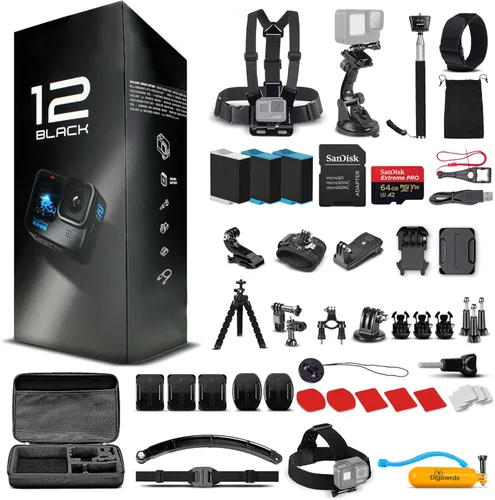 GoPro HERO12 (Hero 12) Negro - con kit de accesorios de 50 piezas y 2 baterías adicionales + tarjeta de 64 GB - Cámara de acción impermeable - 5.3K