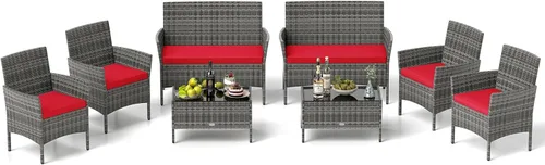 Miniatura 25 de RELAX4LIFE Juego de muebles de patio de 4 piezas – Juego de muebles de ratán para conversación al aire libre con cojines, mesa de centro de cristal