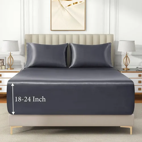 Miniatura 2 de VACVELT Juego de sábanas bajeras de satén de 3 piezas con bolsillos extra profundos para cama matrimonial, sábana bajera color gris que se ajusta a