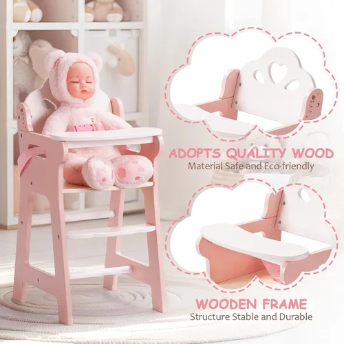 Miniatura 8 de ROBUD Silla alta de muñeca de bebé, silla alta de juego de simulación con cinturón de seguridad, accesorios de muñeca de madera rosa con mesa móvil
