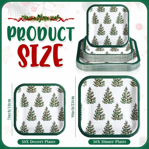 Miniatura 2 de Layhit Juego de 80 platos de papel de Navidad a granel de 7 x 9 pulgadas, juego de platos cuadrados desechables de Navidad verde, árbol de Navidad